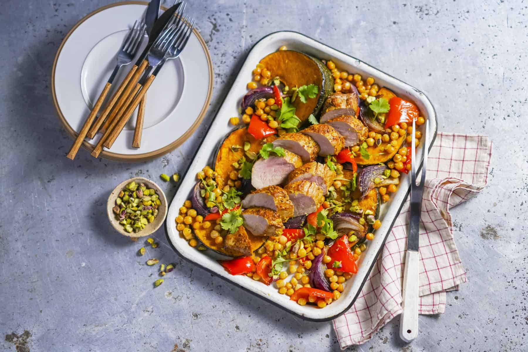 Moroccan pork tray bake