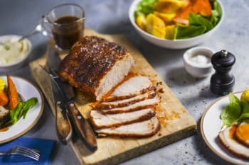 Smoky pork loin with Cajun roasted sweet potato & corn