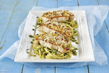 Pork loin steak with lemon and pistachio crust